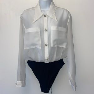Vintage Le Garage Bellows Brut long sleeve sheer blouse bodysuit Diamond accents